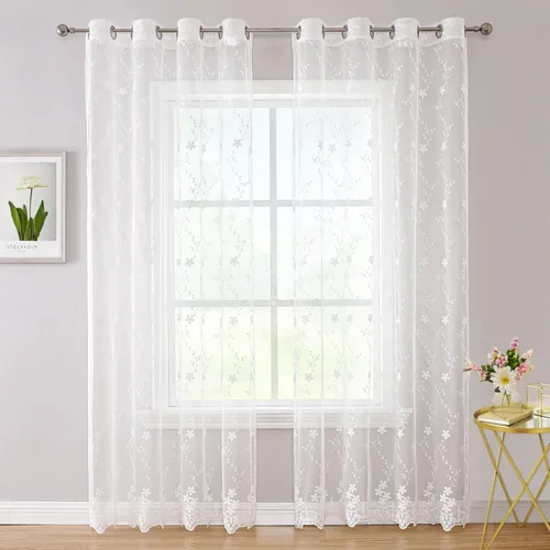 Miniatura 8 de WUBODTI Cortinas de encaje blanco de lujo de 63 pulgadas de largo, 2 paneles para dormitorio, bonitas cortinas bordadas florales de vid con ojales