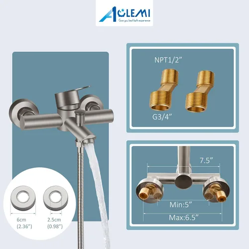 Miniatura 2 de Aolemi Llenador de bañera de montaje en pared, níquel cepillado, grifo de bañera central de 6 pulgadas con ducha de mano, acero inoxidable SUS304