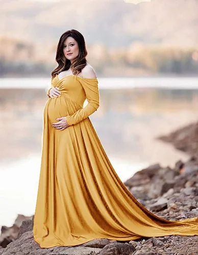Miniatura 6 de ZIUMUDY Vestido largo de maternidad con hombros descubiertos, vestido de fotografía para baby shower