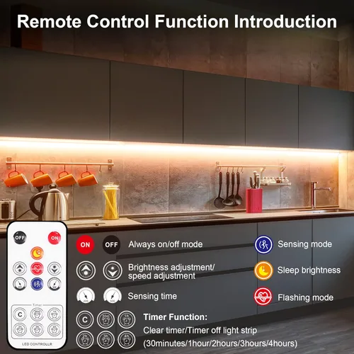 Miniatura 4 de LAFULIT Kit de 10 luces para debajo del gabinete, tira de luces LED con sensor de movimiento con control remoto, regulables y temporizadores, luces