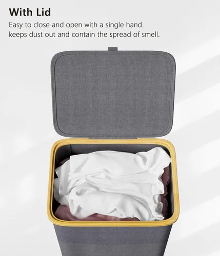 Miniatura 6 de SUOCO Cesta de lavandería con tapa, cesta de ropa de 29 galones (110 litros) con asas de bambú, cesta grande plegable para la ropa sucia para Gris