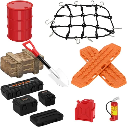 Miniatura 7 de GLOBACT 1/24 1/18 RC Crawler Accesorios Decoración del techo del automóvil, red de equipaje, tablero de recuperación, extintor de incendios, caja
