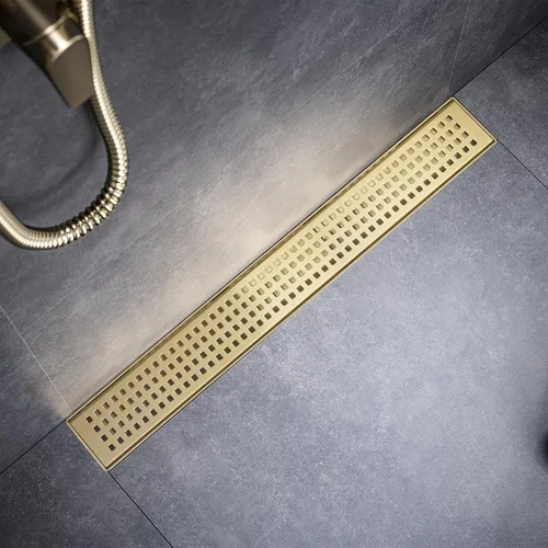 Drenaje lineal de ducha rectangular de 24 pulgadas, drenaje de ducha dorado cepillado, drenaje lineal de piso de acero inoxidable SUS-304, dorado