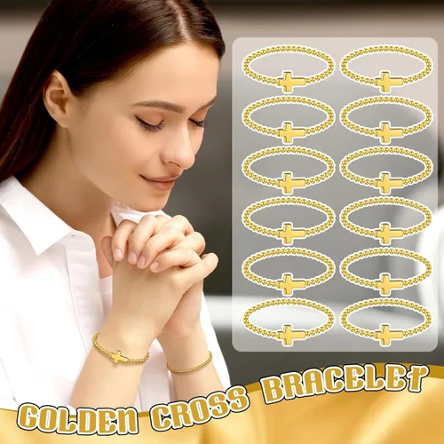 Miniatura 2 de Cross Bracelets for Women Christian Bracelets Bulk Beaded Religious Gifts Jesus Faith Bracelet Stretch Stackable Church Jewelry Gift Communion Dorado