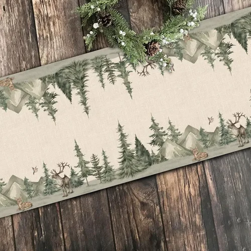 Miniatura 3 de Seliem Camino de mesa de bosque invernal con renos y pinos, decoración de Navidad con alces acuarela gorrión para la cocina del hogar, decoración