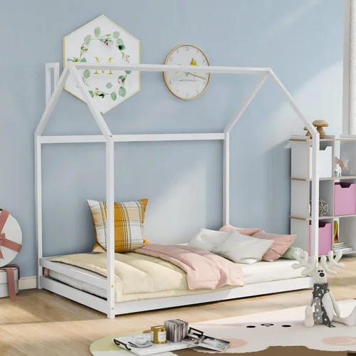 Miniatura 9 de HAUSHECK Montessori Cama para niños pequeños, cama de piso tamaño individual para niños y niñas, camas Montessori con rieles y techo, marco de cama