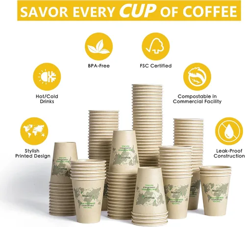 Miniatura 3 de MayTree Tazas de café caliente de papel desechables de 12 onzas, tazas de papel de bambú compostables y biodegradables para llevar y café helado