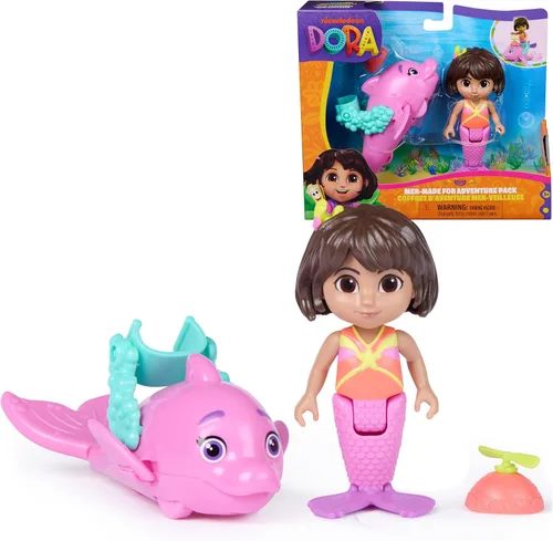 Dora, Mer-Made for Adventure - Paquete de 2, figura de sirena de DORA de 4.5 pulgadas y delfín, juguetes de sirena y juguetes para niños para niñas