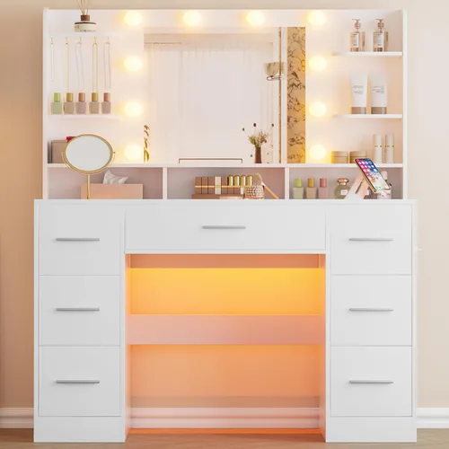 Miniatura 12 de ERLEJIA Escritorio de tocador con espejo y luces, tocador de maquillaje grande de 43 pulgadas con 9 cajones, 3 estantes abiertos, iluminación LED