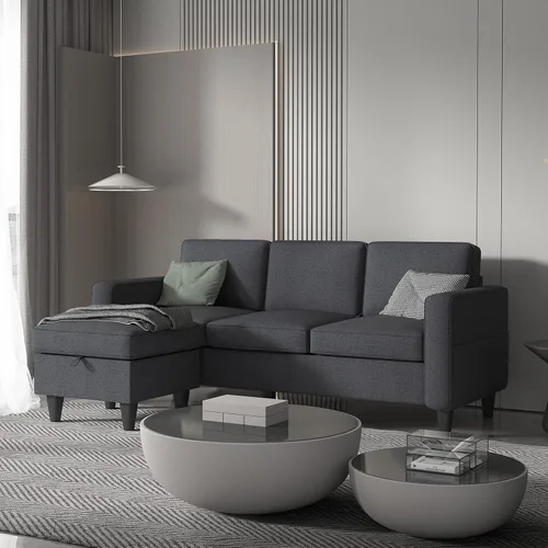 Sofá seccional convertible gris oscuro, moderno sofá tapizado de tela de lino en forma de L con bolsillos para reposabrazos, sofá de 3 plazas con