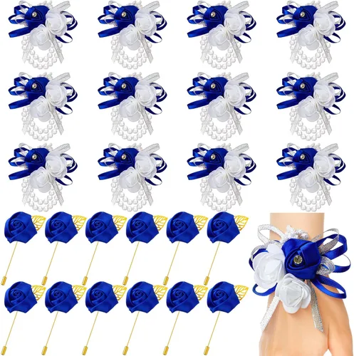 Miniatura 7 de Tigeen Juego de 24 ramilletes de muñeca y boutonniere para hombre, ramillete de muñeca de boda, flor de mano para madre de novia, novia, decoración