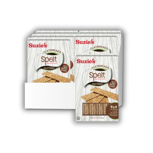 Suzie's Spelt - Galletas de pan plano multisemilla | Paquete de 6 | Bajo en grasa y veganas, Kosher, grano de tren | Opción de aperitivo saludable |