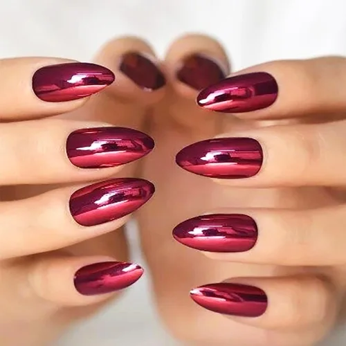 Miniatura 8 de Uñas postizas cromadas negras a presión de almendra mediana, uñas postizas de aguja con diseño brillante, uñas postizas acrílicas de metal brillante
