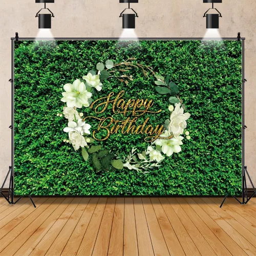 Miniatura 6 de AOFOTO Fondo de pared de cumpleaños de 7 x 5 pies para mujer, hojas verdes, hierba, flores blancas, jardín de primavera, naturaleza, fotografía
