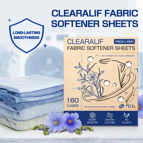 Miniatura 2 de CLEARALIF Hojas suavizantes de tela para lavandería, aroma de lino fresco, 160 cargas, respetuoso con el medio ambiente, ideal para viajes