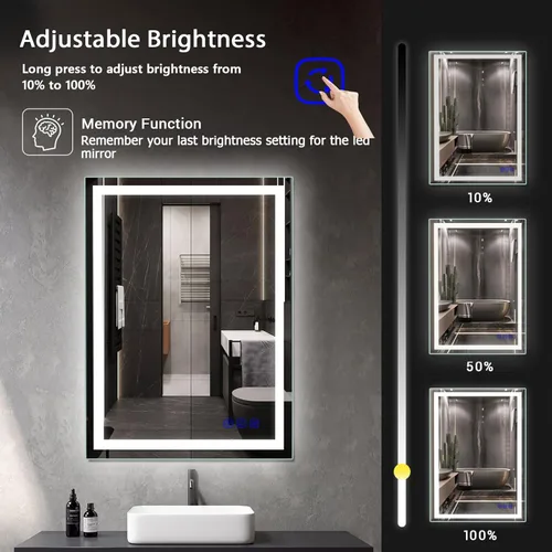 Miniatura 2 de Espejo de baño LED de 24 x 36 pulgadas, espejo de maquillaje con iluminación frontal, 3 colores regulables, antiniebla, CRI 95+, función de memoria