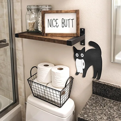 Miniatura 6 de Dripykiaa Divertida decoración de baño de gato negro, 3 piezas de decoración de pared de gato negro de madera, única para los amantes de los gatos