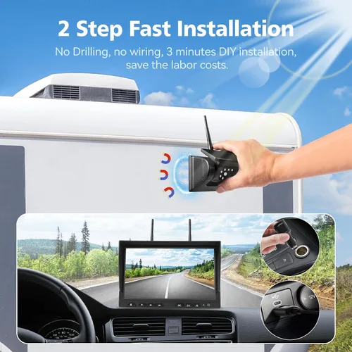 Miniatura 2 de 10.1 pulgadas - 2 cámaras de respaldo inalámbricas solares magnéticas, monitor HD 1080P DVR, sistema de cámaras duales para remolque de enganche RV