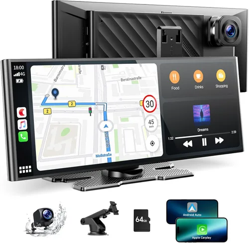 Volam Pantalla Carplay de 9.26 pulgadas para automóvil con cámara de tablero 4K, compatible con Apple Carplay y Android Auto, Carplay con cámara de