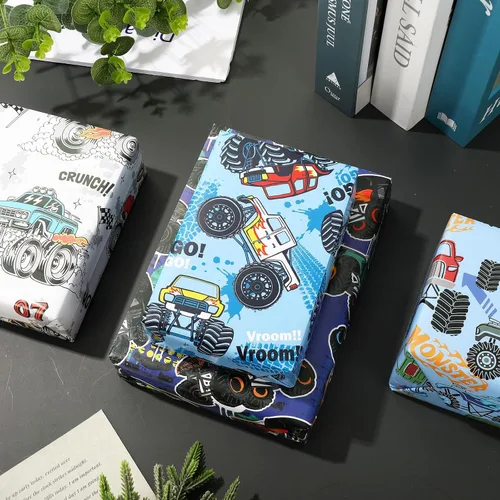Miniatura 5 de 12 hojas de papel de regalo para camión, no enrollable, papel de regalo de caricaturas de carreras de autos de carreras, plegado a granel, plano