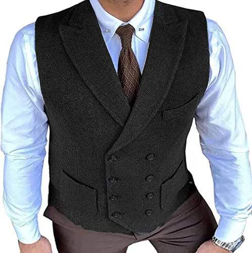 Chaleco de tweed de espiga de doble botonadura para hombre, estilo vintage, con solapa, para negocios, boda, traje de esmoquin (color negro, tamaño