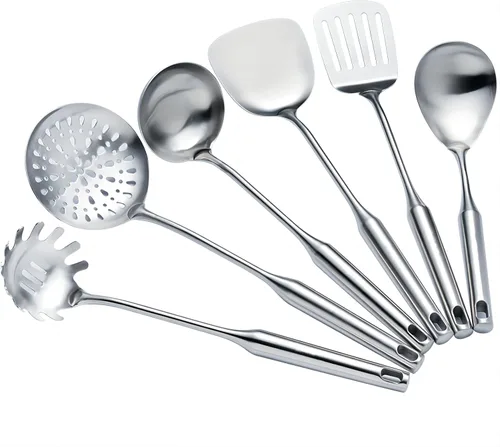 Juego de 6 utensilios de cocina de acero inoxidable para servir de metal, juego de 6 espátulas Wok, espumadera ranurada, servidor de pasta, cuchara