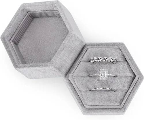 Miniatura 60 de WantGor Caja de joyería de terciopelo para anillos, caja de regalo con 3 ranuras, caja de regalo para anillos hexagonales vintage, para ceremonia