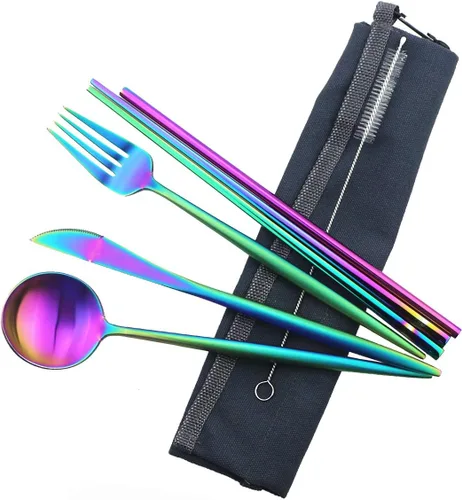 Miniatura 17 de Utensilios de viaje reutilizables, 7 piezas portátiles de acero inoxidable 304, incluyendo cuchillo, tenedor, cuchara, palillos, cepillo
