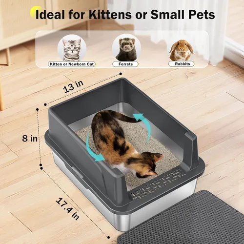 Miniatura 7 de Caja de arena para gatos de acero inoxidable con tapa, bandeja de arena de metal de alta cara para gatos pequeños, caja de arena para gatitos