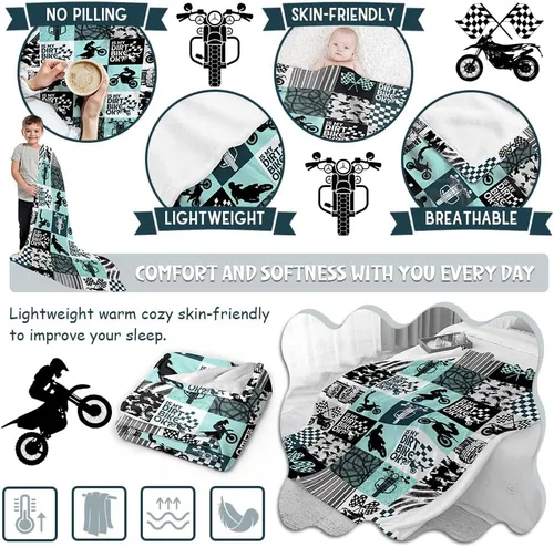 Miniatura 7 de Manta Fresca de Dirt Bike, Mantas de Regalo de Motocicleta de Deportes Extremos para Niños y Hombres, Manta de Cuadrícula de Retazos con Temática