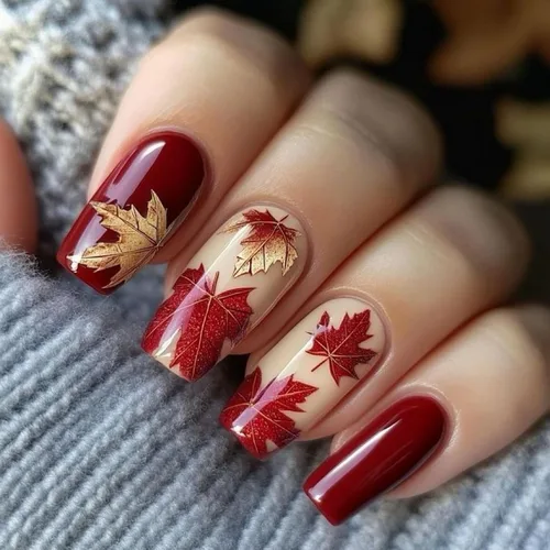 Miniatura 16 de Uñas postizas a presión de otoño, uñas postizas cortas cuadradas de MABKJLF con diseños de hojas de arce, pegamento brillante en uñas, uñas