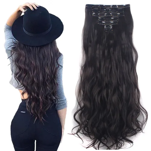 Extensiones de cabello ondulado, doble trama, 7 piezas con 16 clips, largo de 24 pulgadas