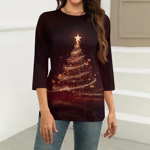 Miniatura 83 de Camisetas de manga 3/4 para mujer, cuello redondo, holgadas, casuales, con estampado floral, camisetas de moda para el trabajo de negocios