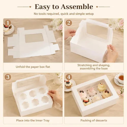 Miniatura 4 de Pralb Paquete de 20 cajas blancas para cupcakes con insertos, 6 soportes, cajas blancas estándar de panadería con ventana de PVC, recipientes