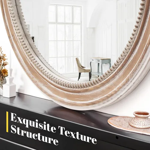 Miniatura 5 de Sawsile - Espejo redondo de madera, espejo circular rústico de 61 cm con marco de madera natural estilo granja y cuentas boho para pared, para baño