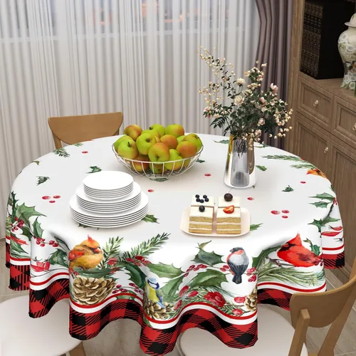 Miniatura 6 de Giwawa Mantel Redondo de Invierno con Aves para Navidad de 60 Pulgadas, con Bayas de Acebo y Piña, Diseño de Buffalo Plaid en Rojo y Negro