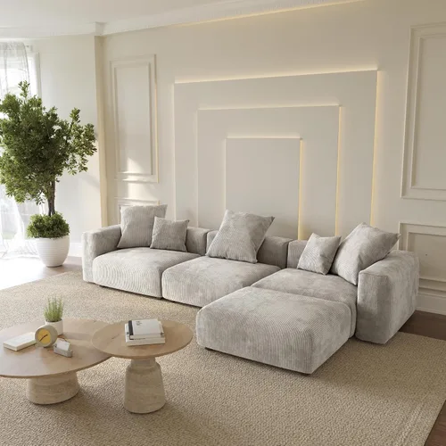 Miniatura 18 de WJShome Cloud Couch Sofá Seccional Modular, Sofá en Forma de L de 102 pulgadas con Otomana, Sofá de Pana Beige de 3 Asientos, Sofá Seccional