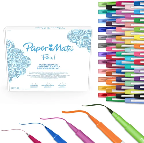 Paper Mate Flair Bolígrafos con punta de fieltro Paquete Ultimate, Incluye 5 tipos diferentes de bolígrafos, colores surtidos, 60 unidades -