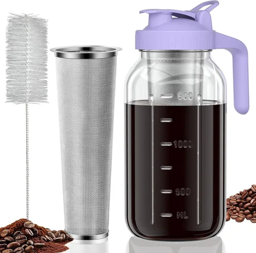 JunVpic Jarra para Café de Infusión en Frío - Jarra Mason de Vidrio Grueso de 64oz con Pico, Tapa, Asa y Filtro de Acero Inoxidable Multipropósito