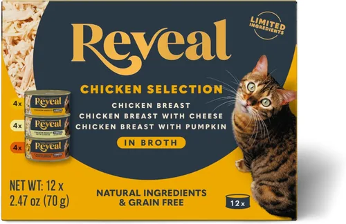 Reveal Paquete variado de comida húmeda para gatos en caldo, paquete de 12, 3 sabores, alto en proteínas, ingredientes limitados, sin granos, comida