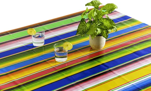 Miniatura 2 de Alux Serape - Mantel de plástico PVC de vinilo color azul y amarillo, mantel de plástico (55 x 70 pulgadas, rectangular), azul, amarillo, rojo