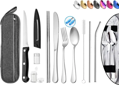 Miniatura 9 de Utensilios de viaje reutilizables portátiles con estuche, juego de cubiertos de camping, palillos y pajita, cubiertos con estuche, parte superior