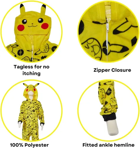 Miniatura 3 de Pokemon Pijama de una pieza para niños, disfraz de Pikachu con capucha o para dormir con cremallera frontal, tallas 4-10, Multi