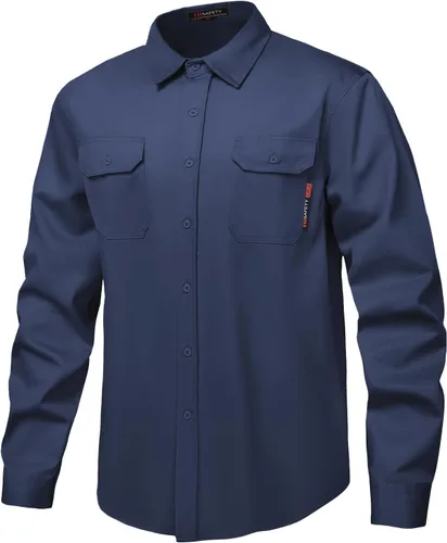 FR Camisa de 7 onzas resistentes al fuego para hombre, camisa de soldadura CAT2, 100% algodón, resistentes al fuego, color azul marino (2XL)