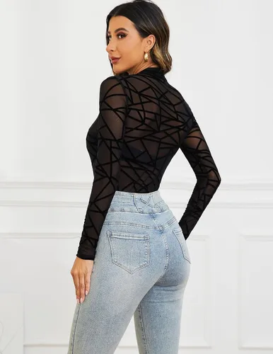 Miniatura 5 de GAMISS Camisetas de malla para mujer, manga larga, cuello alto, ajustadas, color liso y floral, tallas S-XXL