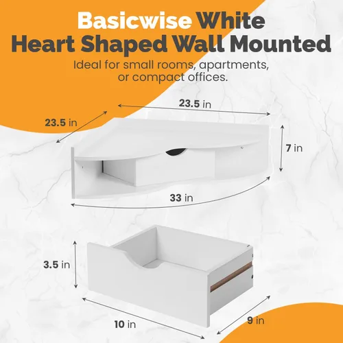Miniatura 2 de Basicwise Mesa de oficina montada en la pared en forma de corazón blanco con cajón y dos estantes Escritorio de esquina de escritura
