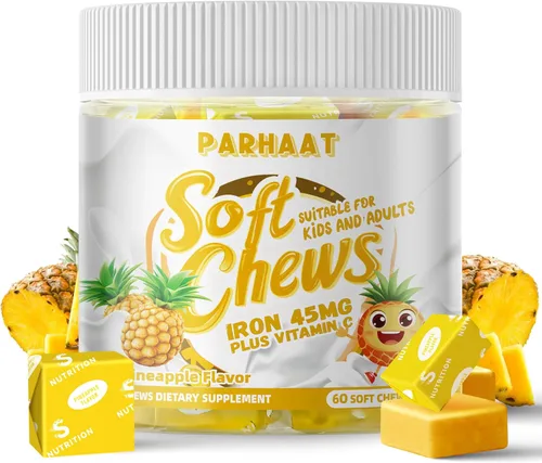 Suplemento masticable suave de hierro con vitamina C | Sabor a piña | Sin gluten | Suplemento de hierro para mujeres, hombres y niños | 60 unidades