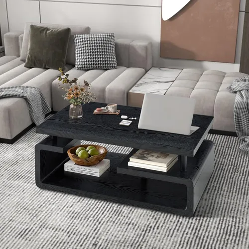 Miniatura 8 de Mesa auxiliar de 43.3 pulgadas, mesa central moderna de 3 niveles con almacenamiento, mesa de centro grande de madera para sala de estar, oficina