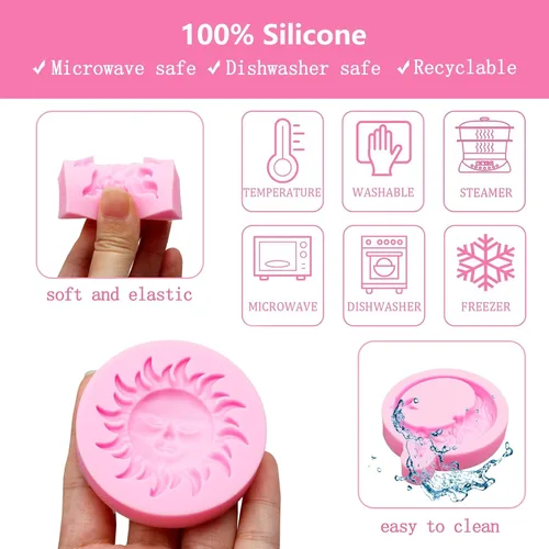 Miniatura 3 de Juego de moldes de silicona, formas de estrella de sol y luna, rosa, moldes para hornear dulces de chocolate, 5 piezas con temática celestial