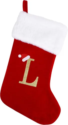 Miniatura 19 de Medias de Navidad con monograma de 20 pulgadas con letras, medias de Navidad grandes súper suaves, terciopelo rojo con puño de felpa blanco súper